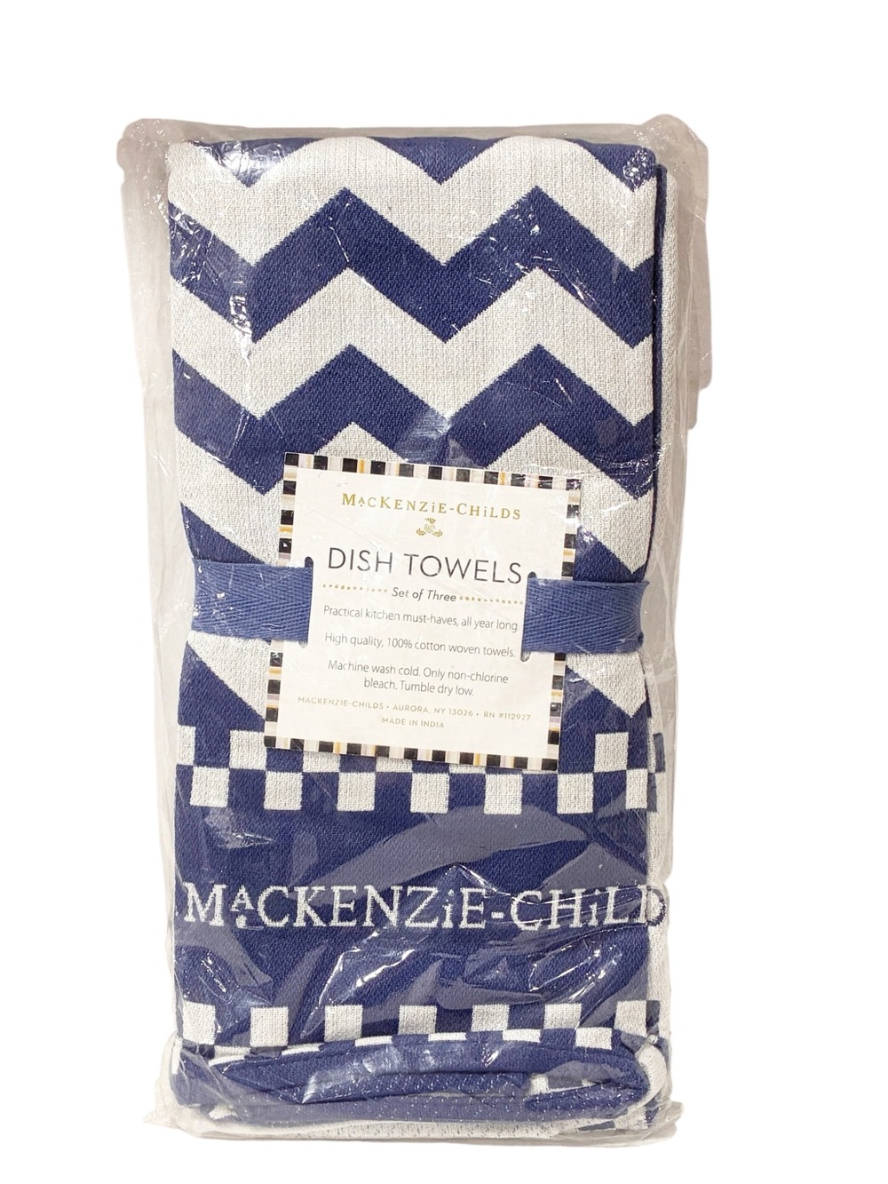 MacKenzie-Childs Blue & White Zig Zag Kitchen Dish Towels Set of 3 NEW